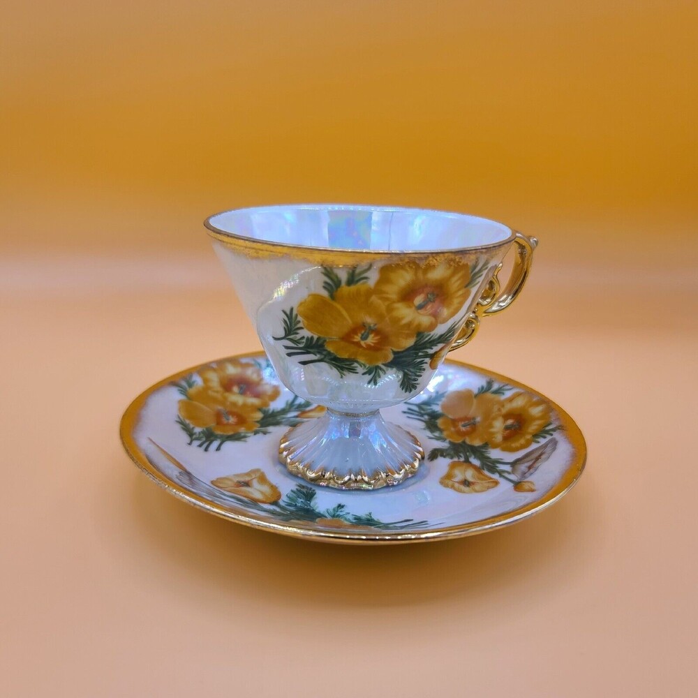 Vintage Ucagco August Poppy Pearlized Tea Cup Saucer Gold Trim Fine China Decor